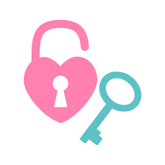 Key and lock in heart shape. Valentine's day symbols. Vector illustration in flat style isolated on white background. 