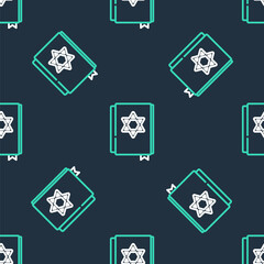 Line Jewish torah book icon isolated seamless pattern on black background. Pentateuch of Moses. On the cover of the Bible is the image of the Star of David. Vector.