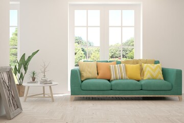 White living room with sofa and summer landscape in window. Scandinavian interior design. 3D illustration