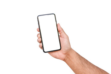 The hand is holding a cell phone with a white screen and white background.