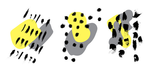 A set of yellow-gray trendy abstract shapes, with black abstract ornaments. All elements are isolated, on a white background