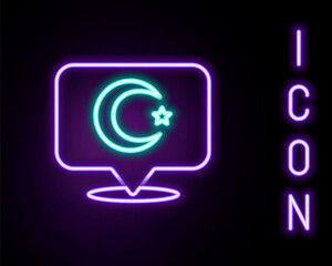 Glowing neon line Star and crescent - symbol of Islam icon isolated on black background. Religion symbol. Colorful outline concept. Vector.