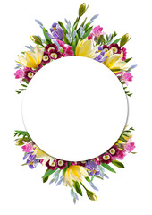 Fototapeta na wymiar card with a garland of spring flowers with yellow tulips, freesias, primroses, crocuses and blue snowdrops