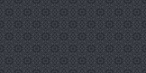 Dark background pattern with decorative ornaments. Black and gray shades. Seamless wallpaper texture. Vector image