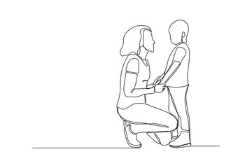 Continuous line drawing of young mother giving some wise advice talk to his child. Happy family parenting concept. Trendy single one line draw design graphic vector illustration © MuhammadZulfan