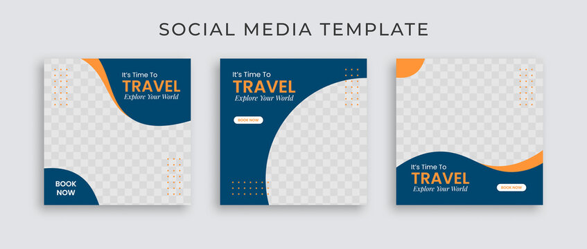 Editable template post for social media ad. Instagram template post. web banner ads for travel promotion .design with blue and yellow color. 