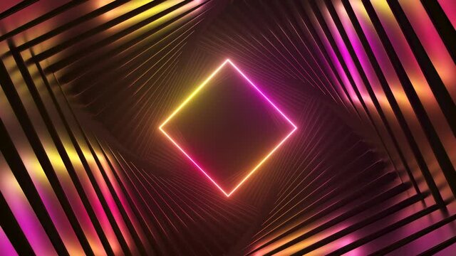 Abstract ultraviolet futuristic background, spinning tunnel with pink yellow neon light. Modern neon light spectrum. Seamless loop 3d render