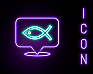 Glowing neon line Christian fish symbol icon isolated on black background. Jesus fish symbol. Colorful outline concept. Vector.