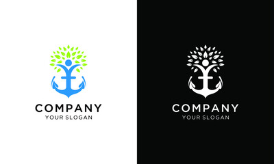 Creative modern anchor with people tree sign logo design template. on a black and white background.