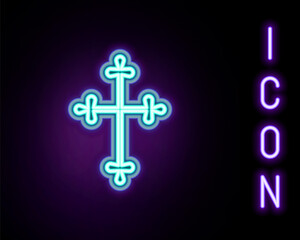 Glowing neon line Christian cross icon isolated on black background. Church cross. Colorful outline concept. Vector.