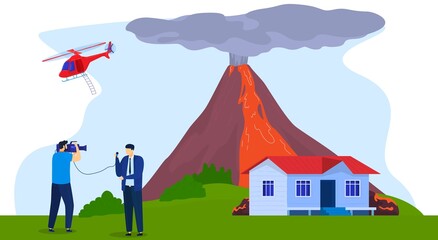 Accident news, reporter journalist live broadcasting volcano eruption near city, vector illustration. Breaking news broadcast. Journalism, television media work, information.