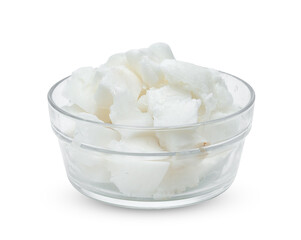 Coconut milk tropical fruit or fluffy coconut chopped in glass bowl isolated on white background ,include clipping path