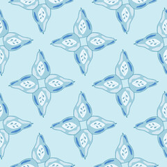 Creative seamless pattern with abstract half pear print. Blue light background. Fruit artwork.
