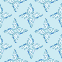 Creative seamless pattern with abstract half pear print. Blue light background. Fruit artwork.