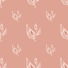 White contoured leaves branches seamless pattern in abstract style. Pink background.