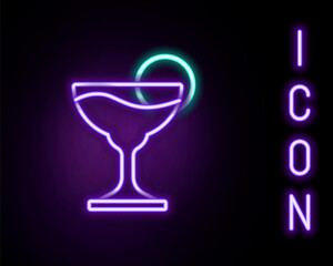 Glowing neon line Margarita cocktail glass with lime icon isolated on black background. Colorful outline concept. Vector.