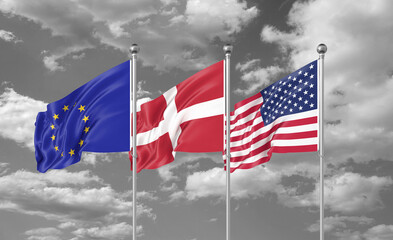Three realistic flags. Three colored silky flags in the wind: USA (United States of America), EU (European Union) and Denmark. 3D illustration.