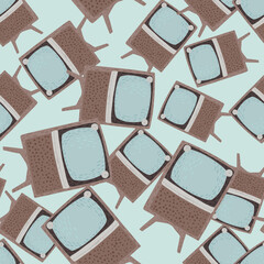 Random seamless pattern with brown retro tv silhouettes. Blue bright background. Simple design.