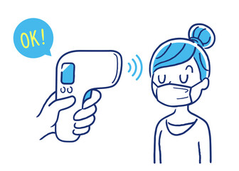 ベクターイラスト素材：女性の体温をチェックする、検温器、温度計、体温計
