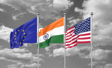 Three realistic flags. Three colored silky flags in the wind: USA (United States of America), EU (European Union) and India. 3D illustration.