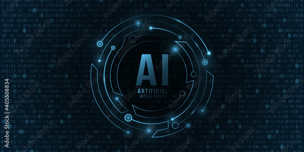 Poster Futuristic round banner with computer circuit board. Artificial intelligence. Connectors glow in the dark. Sci-fi design. Binary code background. Vector
