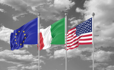 Three realistic flags. Three colored silky flags in the wind: USA (United States of America), EU (European Union) and Italy. 3D illustration.