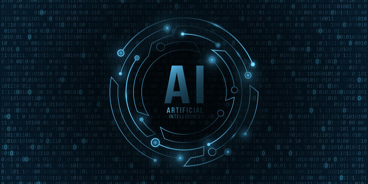 Futuristic round banner with computer circuit board. Artificial intelligence. Connectors glow in the dark. Sci-fi design. Binary code background. Vector