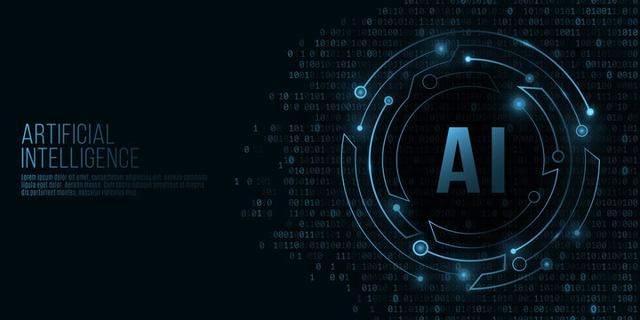 Futuristic round banner with computer circuit board. Artificial intelligence. Connectors glow in the dark. Sci-fi design for your web layout. Binary code background. Vector