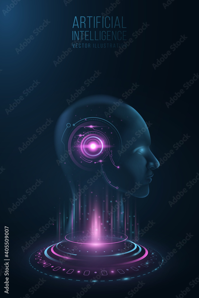 Poster futuristic cyborg hologram. technological glowing sci-fi projector. artificial intelligence. hi-tech