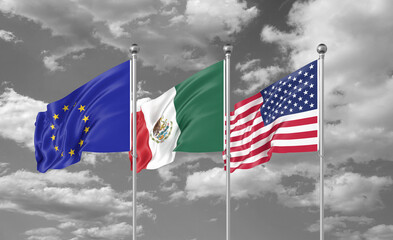 Three realistic flags. Three colored silky flags in the wind: USA (United States of America), EU (European Union) and Mexico. 3D illustration.