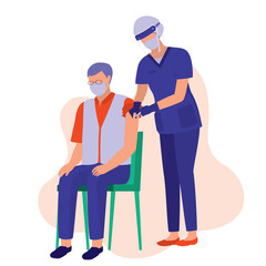 Nurse With Protective Face Shield Giving Vaccine Injection To The Elderly Man At His Upper Arm. Full Length. Flat Design.