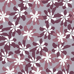 Random daisy print seamlless pattern with purple flower silhouettes. Ditsy backdrop.