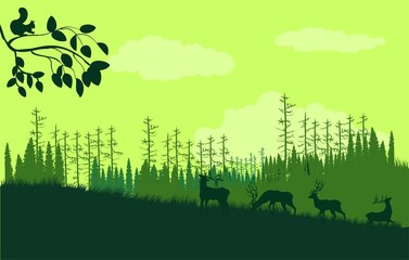 Silhouettes of deers and forest trees on hills, wildlife landscape, vector illustration
