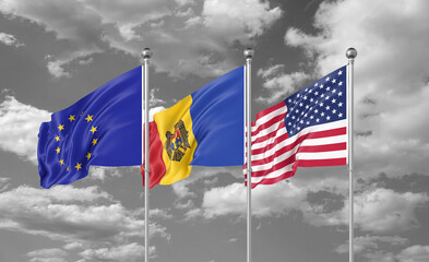 Three realistic flags. Three colored silky flags in the wind: USA (United States of America), EU (European Union) and Moldavia. 3D illustration.