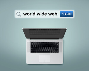 An illustrative design for internet or online technology showing a generic laptop searching for the...