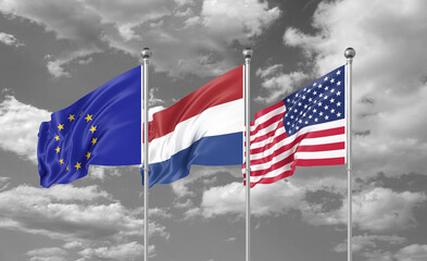 Three realistic flags. Three colored silky flags in the wind: USA (United States of America), EU (European Union) and Netherlands. 3D illustration.