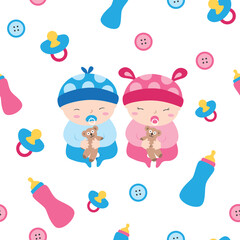 Cute Identical Twins Baby Boy And Girl Seamless Pattern Background.