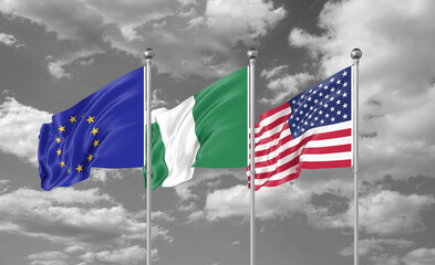 Three realistic flags. Three colored silky flags in the wind: USA (United States of America), EU (European Union) and Nigeria. 3D illustration.