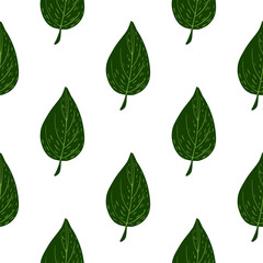 Isolated botanic print with green leaves seamless pattern. White background. Nature backdrop.