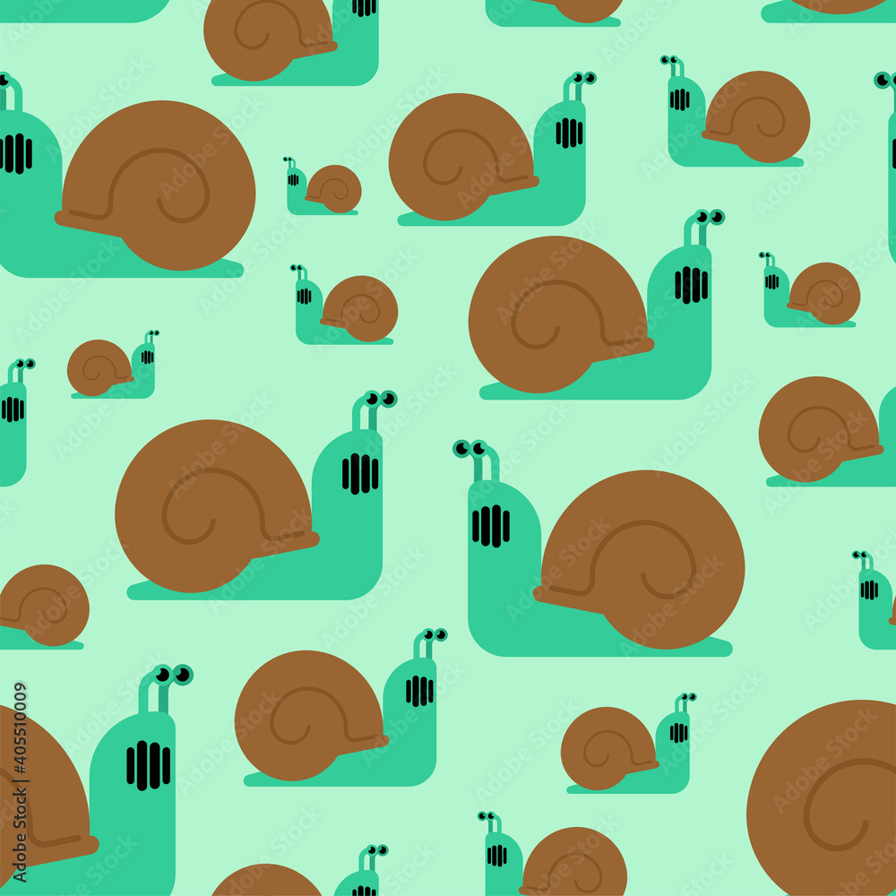 Poster snail pattern seamless. slug with shell background. baby fabric texture. vector ornament