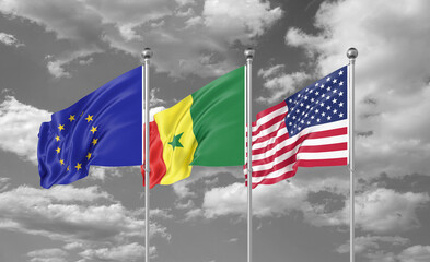 Three realistic flags. Three colored silky flags in the wind: USA (United States of America), EU (European Union) and Senegal. 3D illustration.