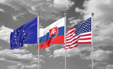 Three realistic flags. Three colored silky flags in the wind: USA (United States of America), EU (European Union) and Slovakia. 3D illustration.