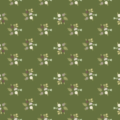 Little botanic seamless pattern with apple and leaves silhouettes. Green olive background. Fruit artwork.