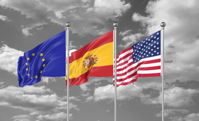 Three realistic flags. Three colored silky flags in the wind: USA (United States of America), EU (European Union) and Spain. 3D illustration.