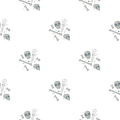 Isolated death cartoon seamless pattern with grey simple skull and bones silhouettes. White background.