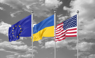 Three realistic flags. Three colored silky flags in the wind: USA (United States of America), EU (European Union) and Ukraine. 3D illustration.