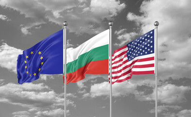 Three realistic flags. Three colored silky flags in the wind: USA (United States of America), EU (European Union) and Bulgaria. 3D illustration.