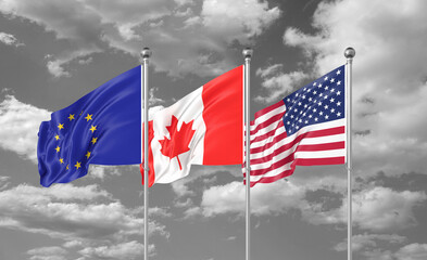 Three realistic flags. Three colored silky flags in the wind: USA (United States of America), EU (European Union) and Canada. 3D illustration.