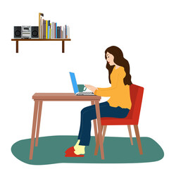 Women working from home, no background, flier, vector illustration, graphic material, web banner, web header, footer, flier, copy space, PC, realistic, book, radio cassette player, retro, mat