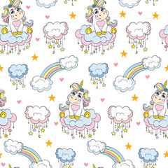 Cute baby unicorn with rainbow and clouds isolated on white background. Vector seamless pattern. Illustration for party, print, baby shower, wallpaper, design, decor,design cushion, linen, dishes.